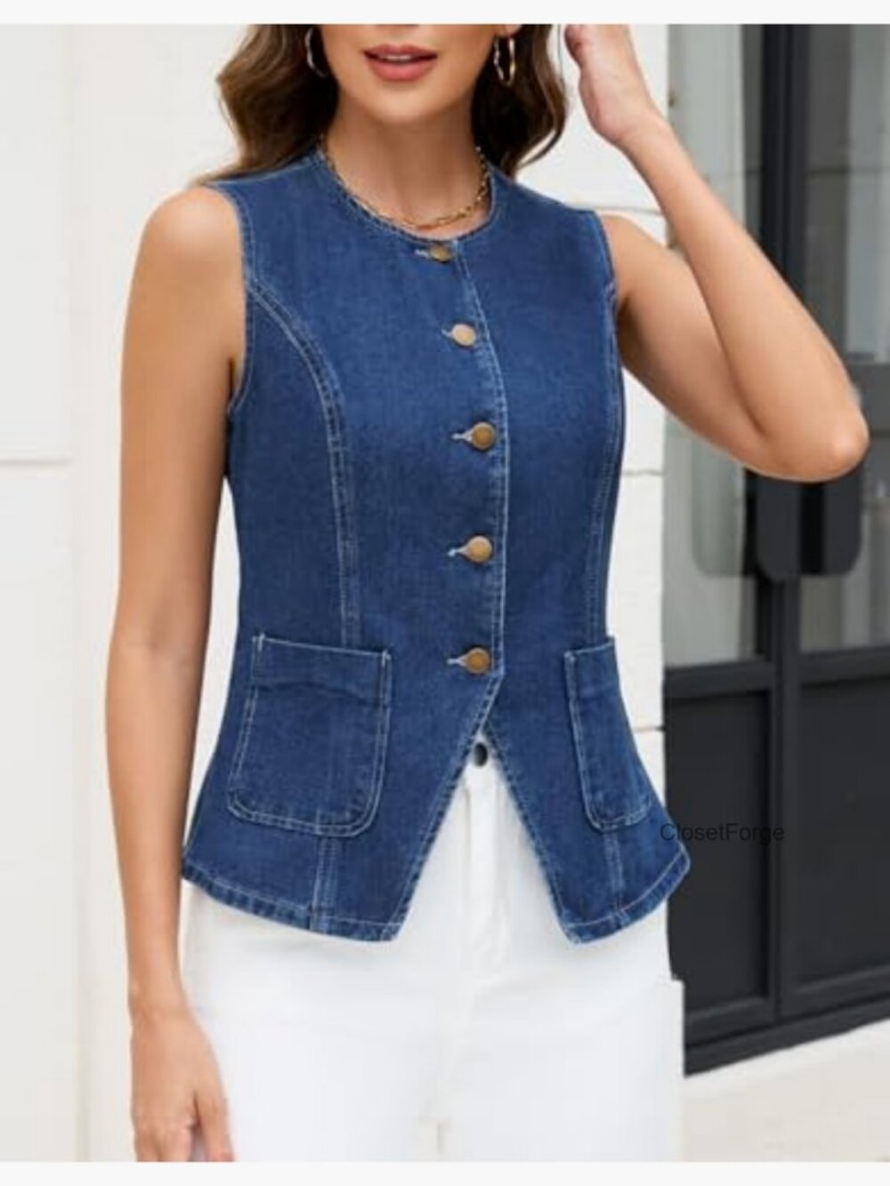 Sleeveless Denim Vest Top Button Down Western Waistcoat - Picture 2 of 7